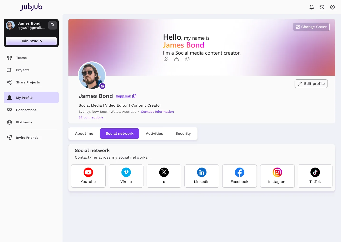 JubJub dashboard showing how to post to multiple social channels