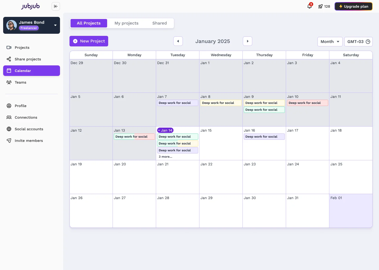 JubJub content calendar interface showing drag-and-drop scheduling